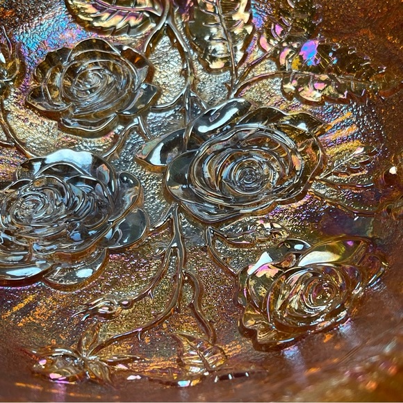 Vintage Fenton Marigold Carnival Imperial Open Rose Footed Bowl 10" dia. EUC - Picture 13 of 14